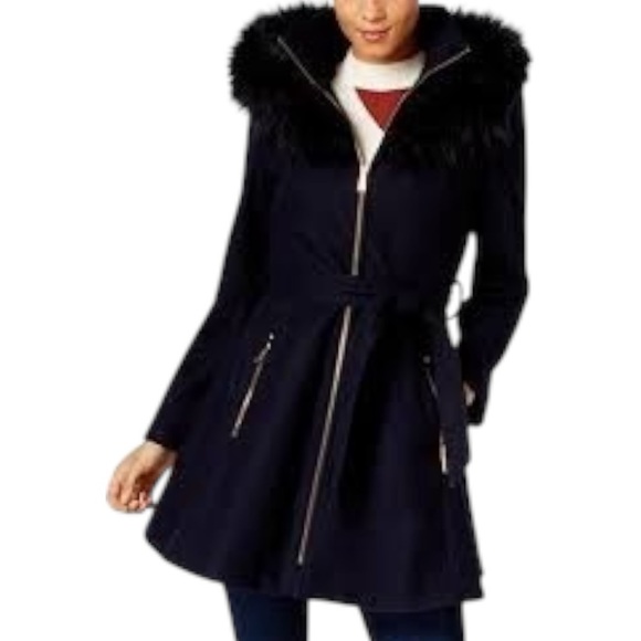 Laundry by Shelly Segal Wool Blue Black Faux Fur Trim Skirted Coat Jacket Hood M - Picture 2 of 15